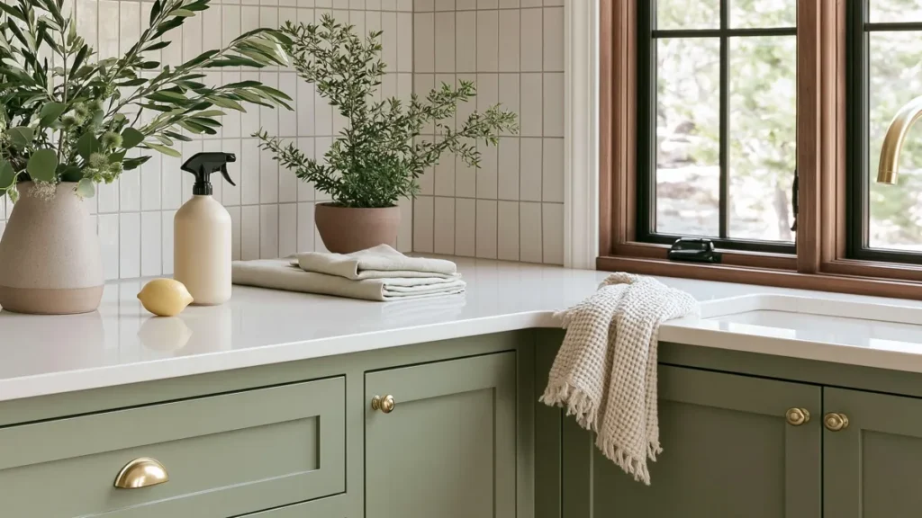 Sage kitchen counter with glossy white surface, lemon, pale spray bottle, folded cloth, window, and potted greenery.