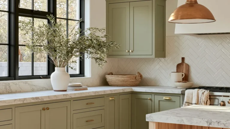 Sage green kitchen corner with white herringbone backsplash, copper pendant light, leafy branches, and marble-look counter.