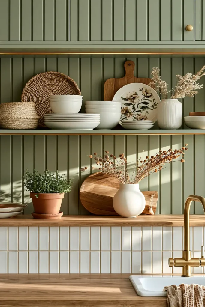 Sage green shelf backdrop with white dishes, woven basket, floral plate, cutting board, dried stems, and terracotta herb pot.