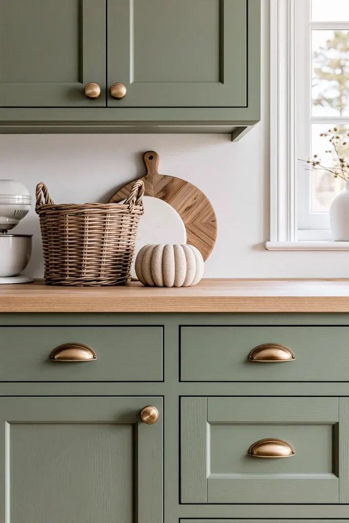 Sage kitchen cabinets with wood counter, brass cup pulls, basket, small appliance, cutting board, and bright window edge.