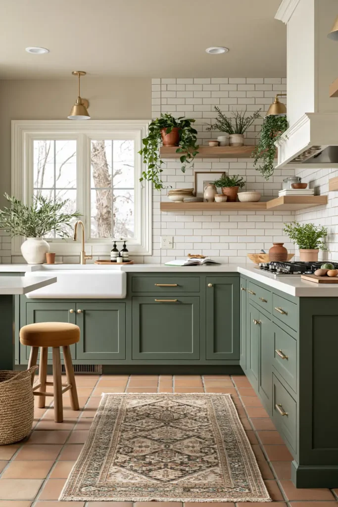 Colorful kitchen with dark teal lower cabinets, white farmhouse sink, mustard stool, terracotta floor, patterned rug, and open shelves.