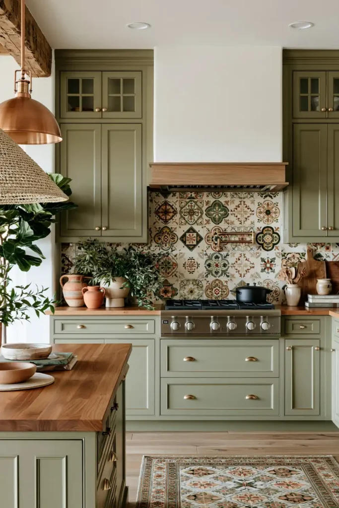 Sage kitchen with colorful Moroccan-pattern tile backsplash, copper pendant, woven shade, terracotta pots, leafy plant, and wood counter.