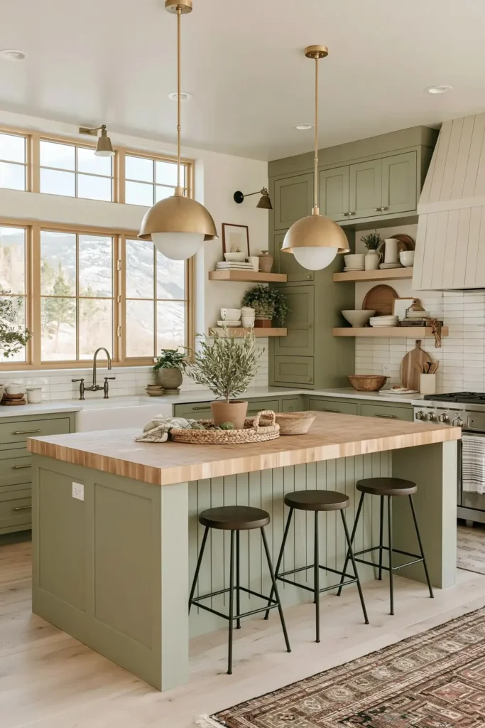 Large sage kitchen island with butcher block counter, dark stools, brass pendant lights, open shelves, and plant centerpiece.