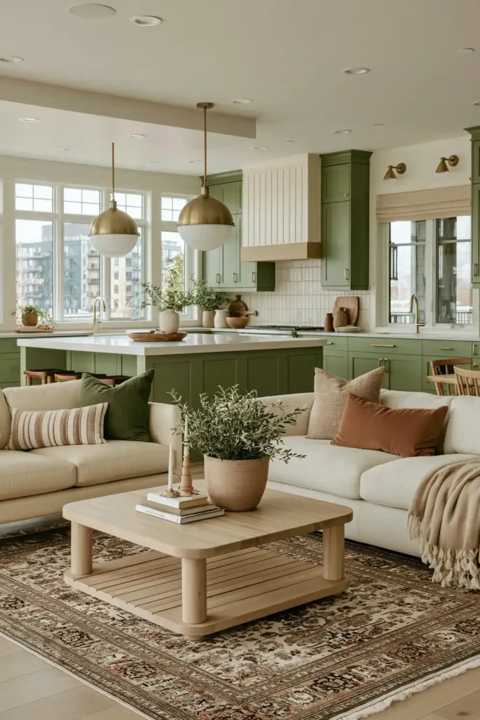 Open living room and sage kitchen with sage island, cream sofa, wood coffee table, area rug, brass pendants, and large windows.