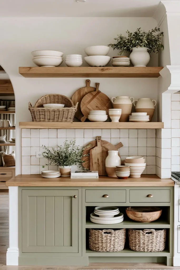 Sage kitchen open shelving with white bowls, basket, cutting boards, cream ceramics, small plant, and wood countertop.
