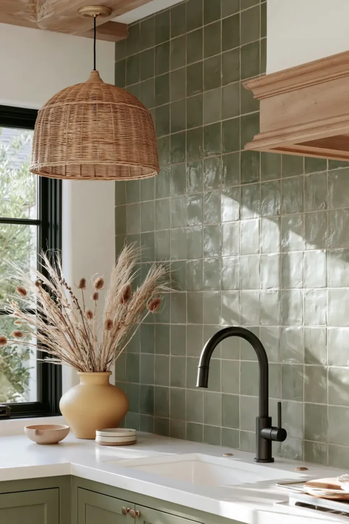Sage tile kitchen backsplash with black faucet, white counter, yellow vase, rattan pendant, and dark window frame.