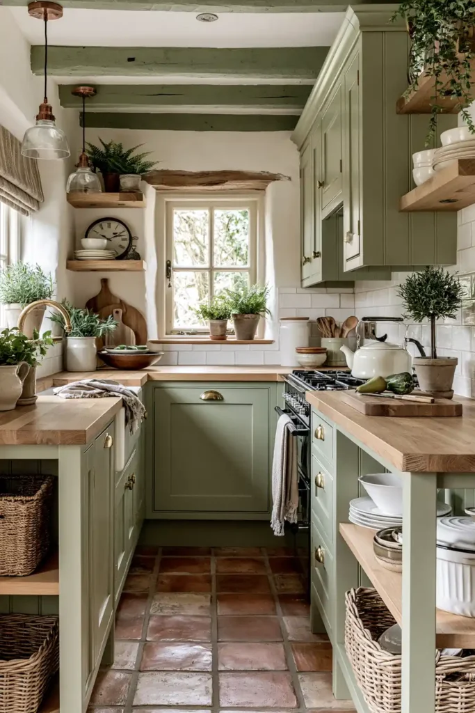 Narrow sage kitchen with terracotta floor tiles, open shelves, potted plants, wood counters, baskets, and green ceiling beams.