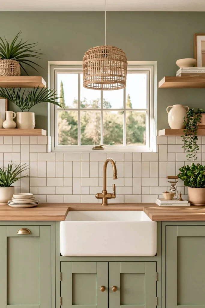 Sage kitchen with white farmhouse sink, brass faucet, butcher block countertop, rattan pendant, open shelf, and potted greenery.