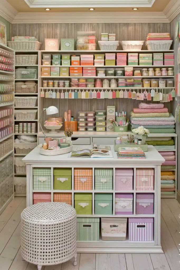 Craft storage workspace with a white cubby-style island, tall shelving, baskets, and layered craft materials