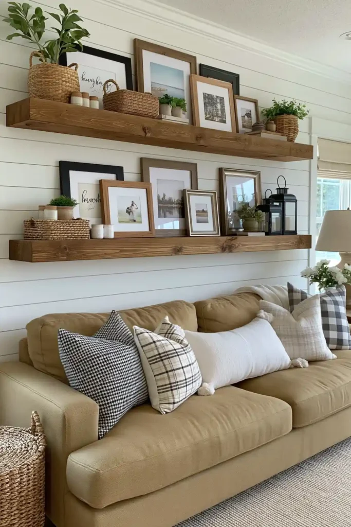 Warm wood floating shelves on a white shiplap wall with framed pieces, woven baskets, small plants, lanterns, and a tan sofa