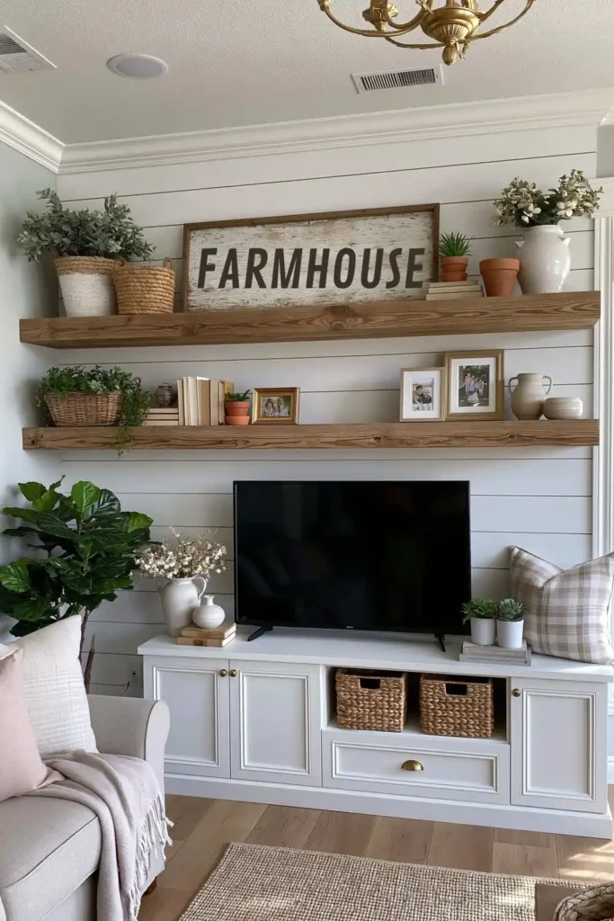 Shiplap TV wall shelves with a farmhouse sign, wood shelves, terracotta pots, baskets, books, greenery, and white console cabinetry