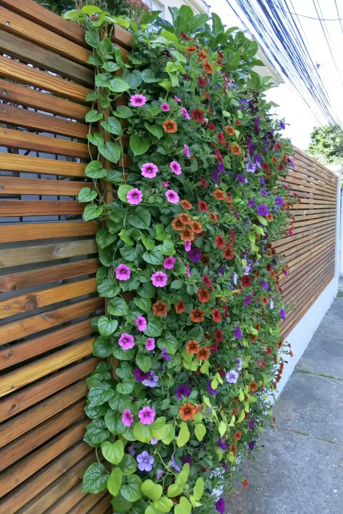 20 Budget-Friendly Outdoor Landscaping Ideas for a Charming Yard 3 Vertical hanging planter on a wooden fence with trailing greenery and colourful flowers for small-space gardening.