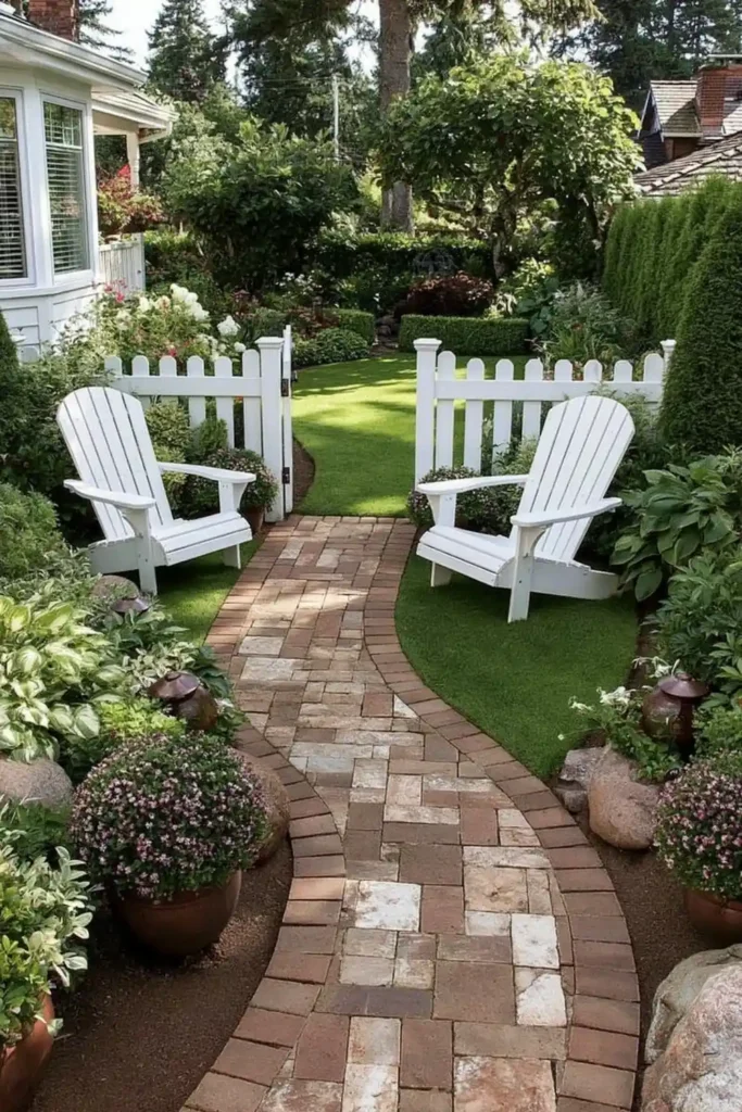 Brilliant Home Design Makeover Ideas for a More Personal Home 40 Lush garden path with brick edging, white Adirondack chairs, purple flowering shrubs, and white picket gate
