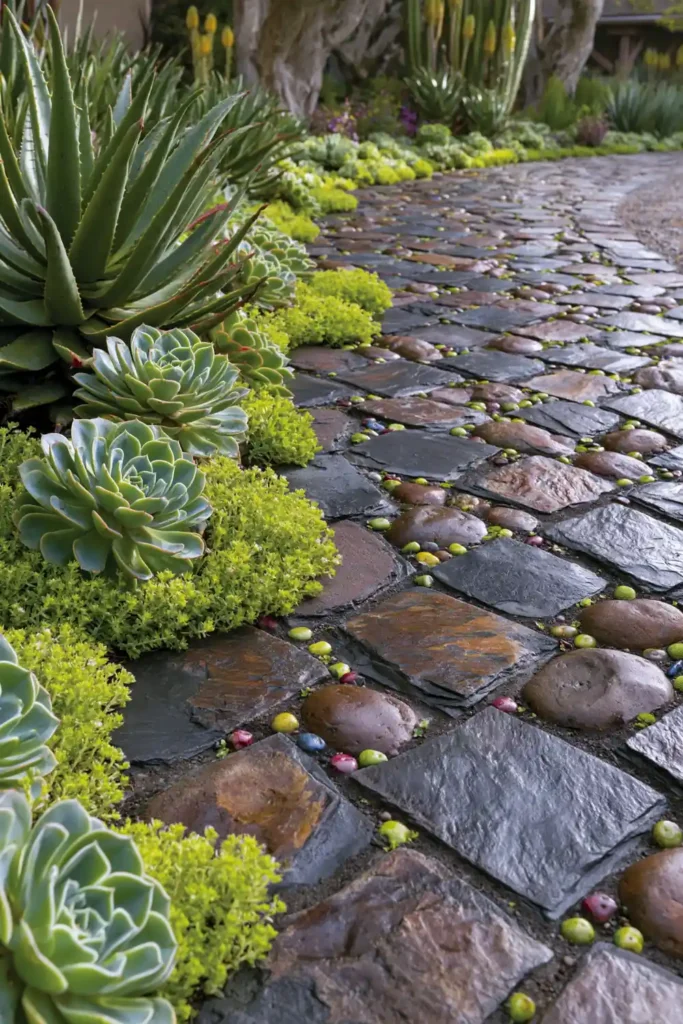 Stunning Garden Walkway Layout Ideas for a Beautiful Outdoor Path 14 Slate and succulent sidewalk with dark tiles, colorful round stones, Echeveria, Sedum, and Aloe plants.