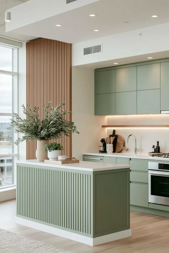 Modern minimalist sage kitchen with handleless cabinets, white counter, textured backsplash, warm under-cabinet lighting, and wood wall accent.