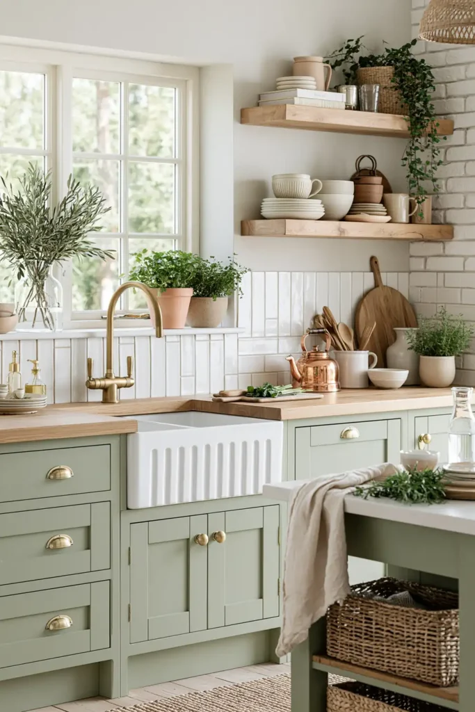 Sage kitchen cabinets with brass faucet, farmhouse sink, window greenery, wood countertop, copper kettle, and herbs.