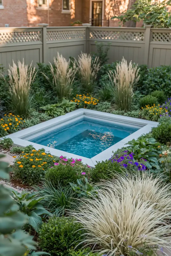 Small backyard plunge pool with blue water, white coping, ornamental grasses, yellow flowers, pink flowers, purple flowers, shrubs, and gray fence
