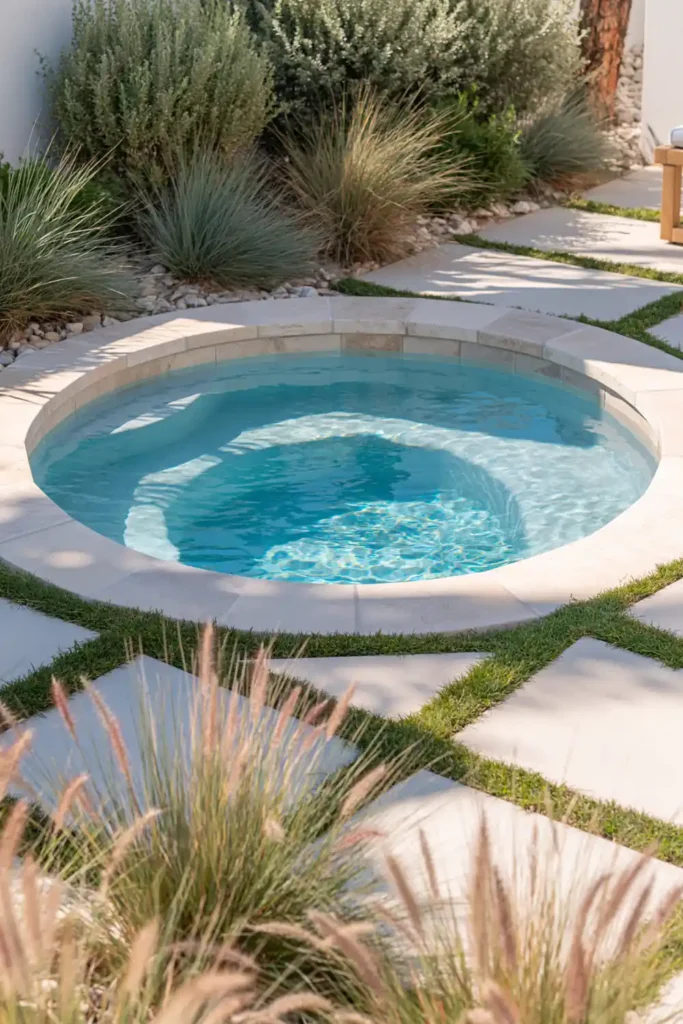 Small circular plunge pool with bright blue water, pale stone border, cream pavers, grass joints, ornamental grasses, and shrubs