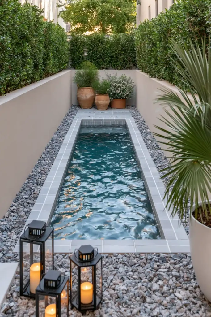 Small courtyard plunge pool with turquoise water, beige walls, hedges, terracotta pots, lanterns, and a large potted palm