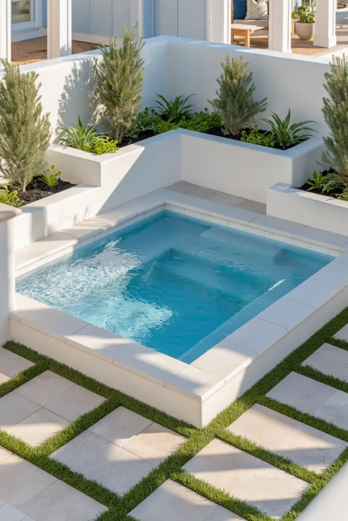 Small fiberglass plunge pool with smooth white shell, bright blue water, internal steps, white planter beds, shrubs, and paver grid