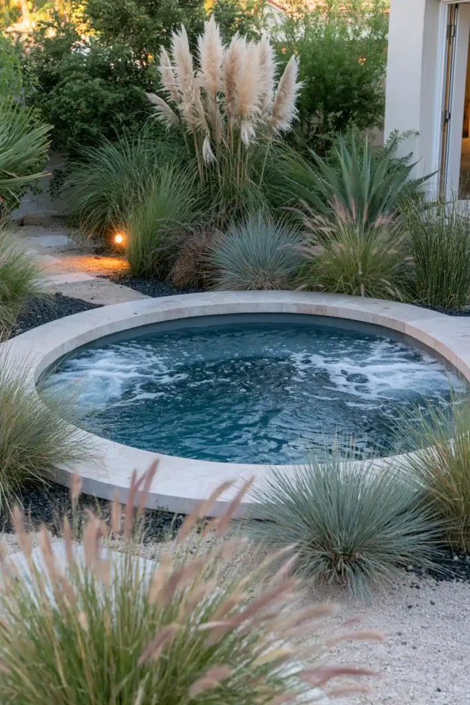 Small heated plunge pool with pale stone coping, ornamental grasses, black gravel, and warm soft outdoor lighting