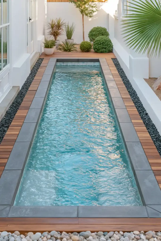 Small modern plunge pool with dark concrete coping, blue-green water, white courtyard walls, wood deck strips, and simple landscaping