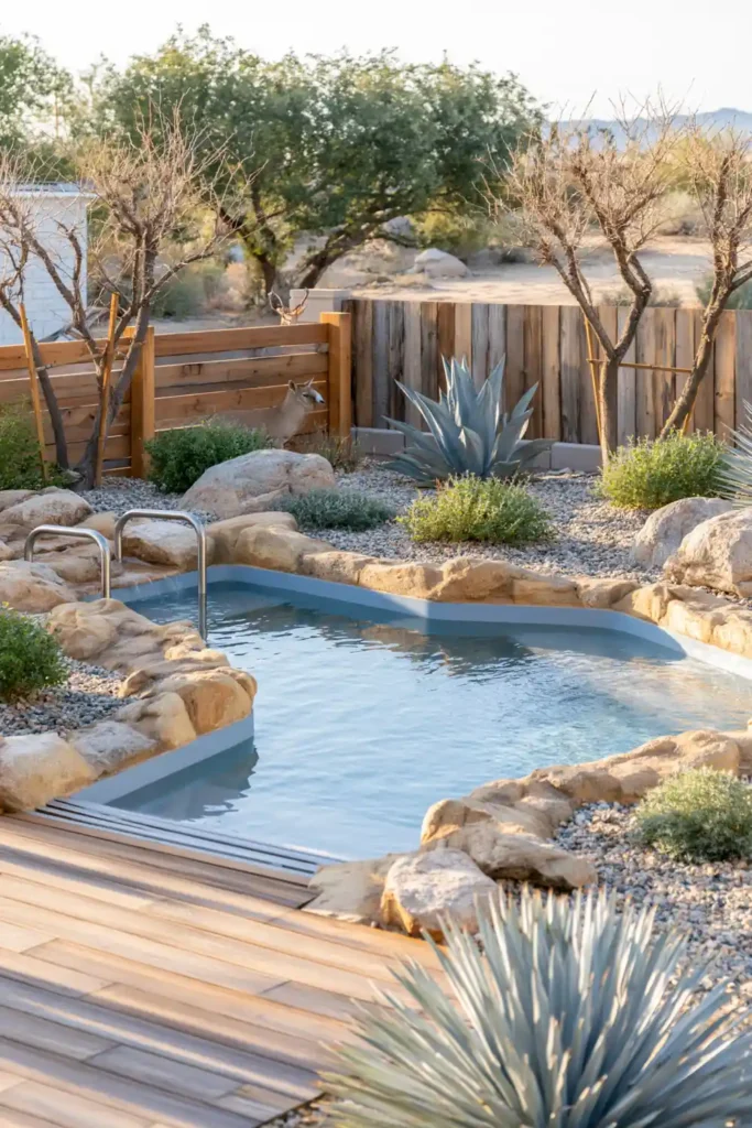 Small natural plunge pool with turquoise water, rough tan stone edges, wood decking, gravel, boulders, agave plants, and low shrubs