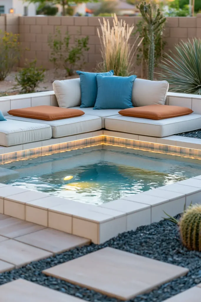 Small plunge pool with built-in seating, pale cushions, blue pillows, tan seat pads, underwater lighting, pavers, and dark gravel