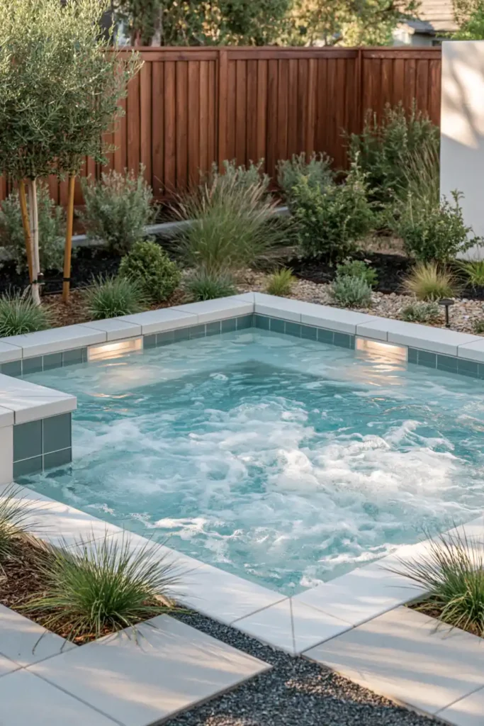 Small plunge pool with hot tub features, churning water, bubbles, white coping, dark tile, warm lights, fence, shrubs, and gravel