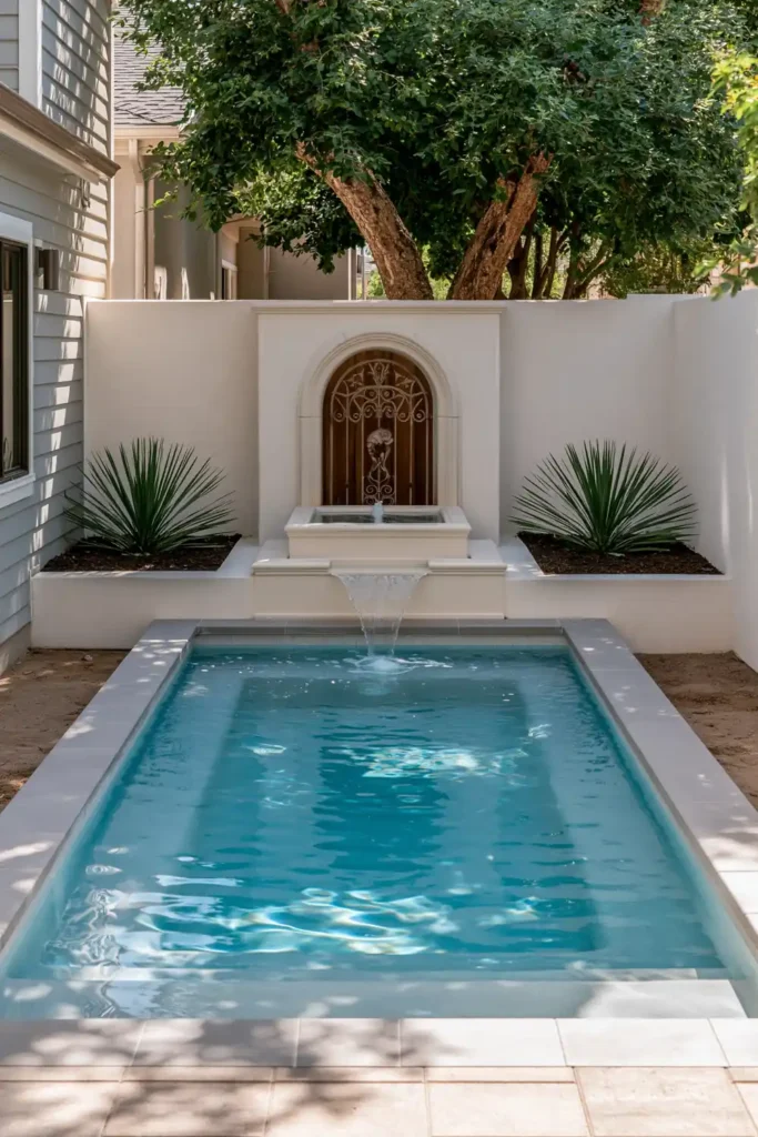 Small courtyard plunge pool with pale blue-gray water, cream tiered fountain, arched wall panel, raised planting beds, and spiky green plants