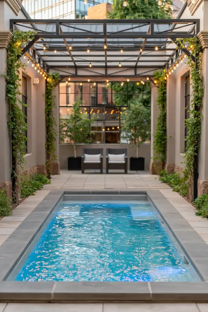 Small plunge pool under black metal pergola with string lights, climbing vines, gray coping, blue water, outdoor chairs, planters, and small trees