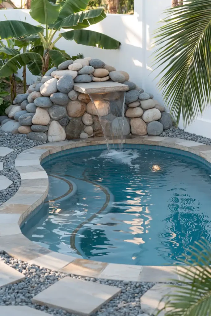 Small plunge pool with turquoise water, stacked stone waterfall, curved stone coping, gray pebbles, banana leaves, and palm fronds