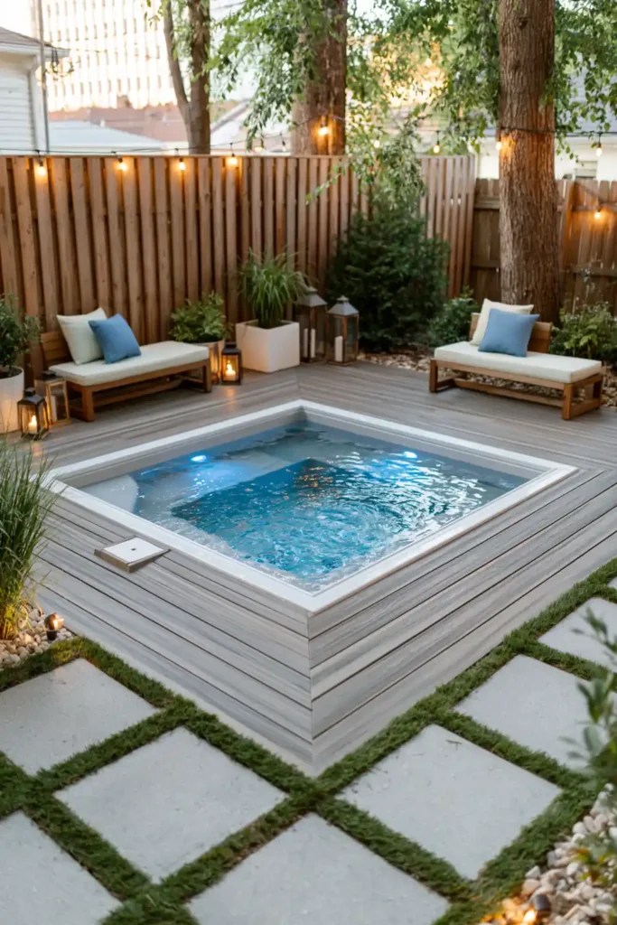 Small plunge pool built into a gray wood deck with glowing blue water, pale cushioned benches, blue pillows, potted plants, lanterns, and fence