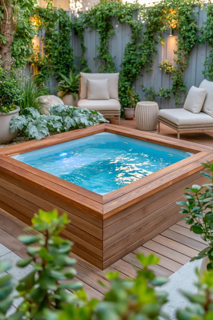 Small raised plunge pool with warm wood exterior, blue water, wood deck, climbing greenery, potted plants, and outdoor seating