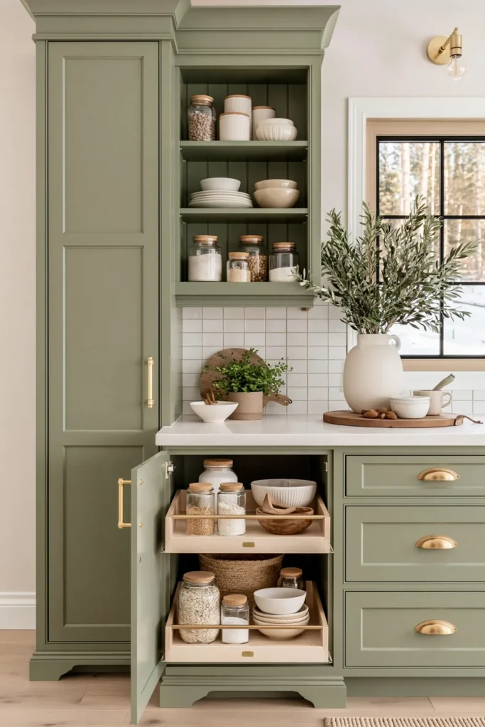 Small sage kitchen cabinet with open pull-out shelf, jars, bowls, potted plant, brass pulls, and white countertop.