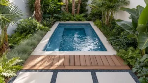 Small space plunge pool with blue water, wood decking, stone coping, pavers, and lush backyard landscaping