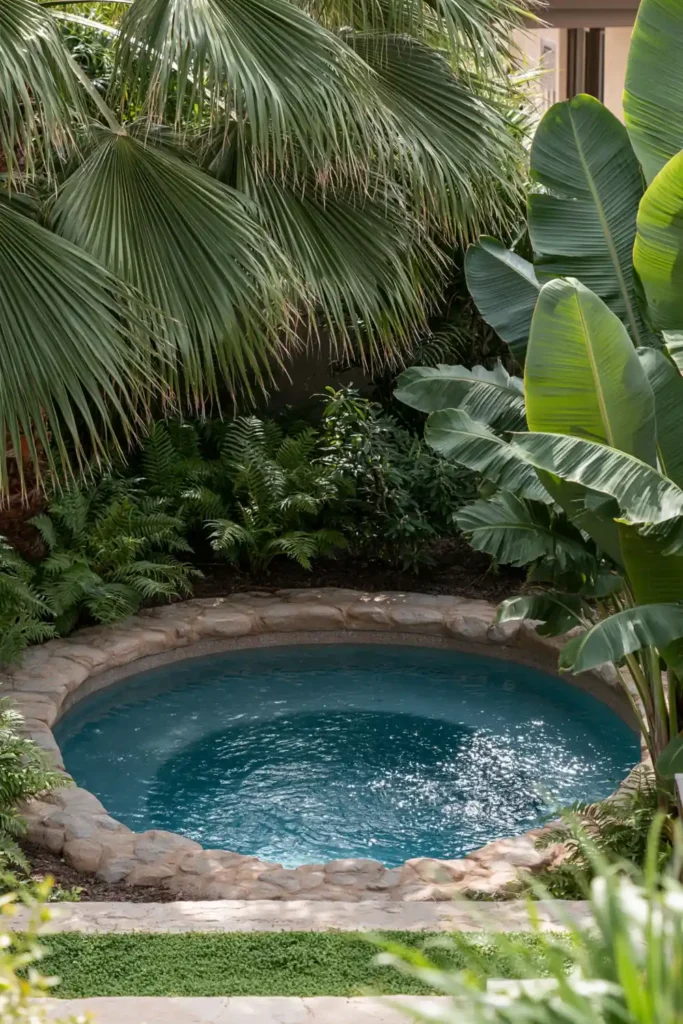 Small tropical plunge pool with bright blue water, tan stone edging, palm fronds, banana leaves, and lush resort-style plants