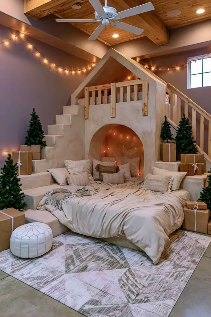 Brilliant Home Design Makeover Ideas for a More Personal Home 12 Decorated bedroom with loft-style bed, warm string lights, Christmas trees, and patterned rug