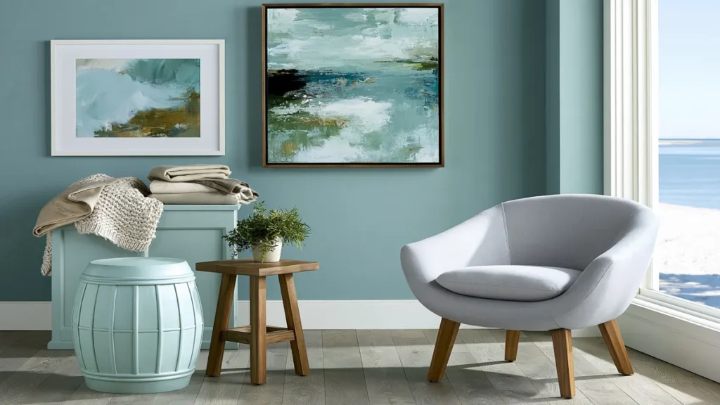 Soft blue everyday room with light wood, white trim, gray chair, painted storage, and natural daylight