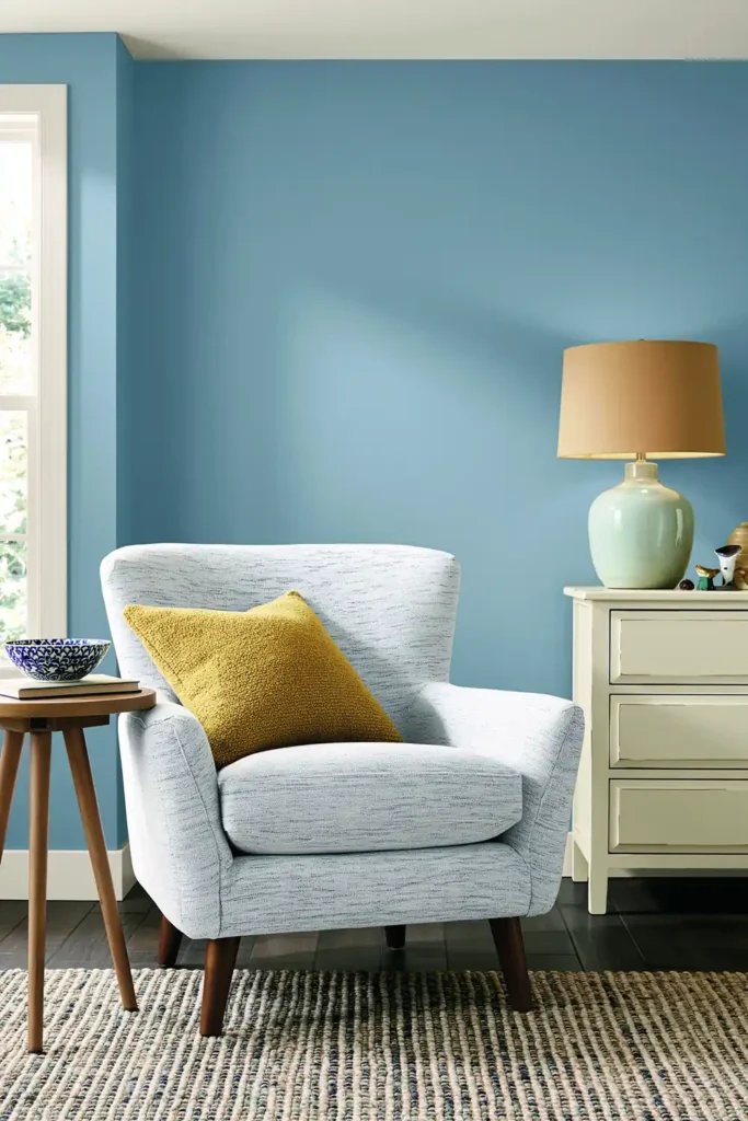 Soft blue living room reading nook with gray armchair, yellow pillow, side table, and painted dresser