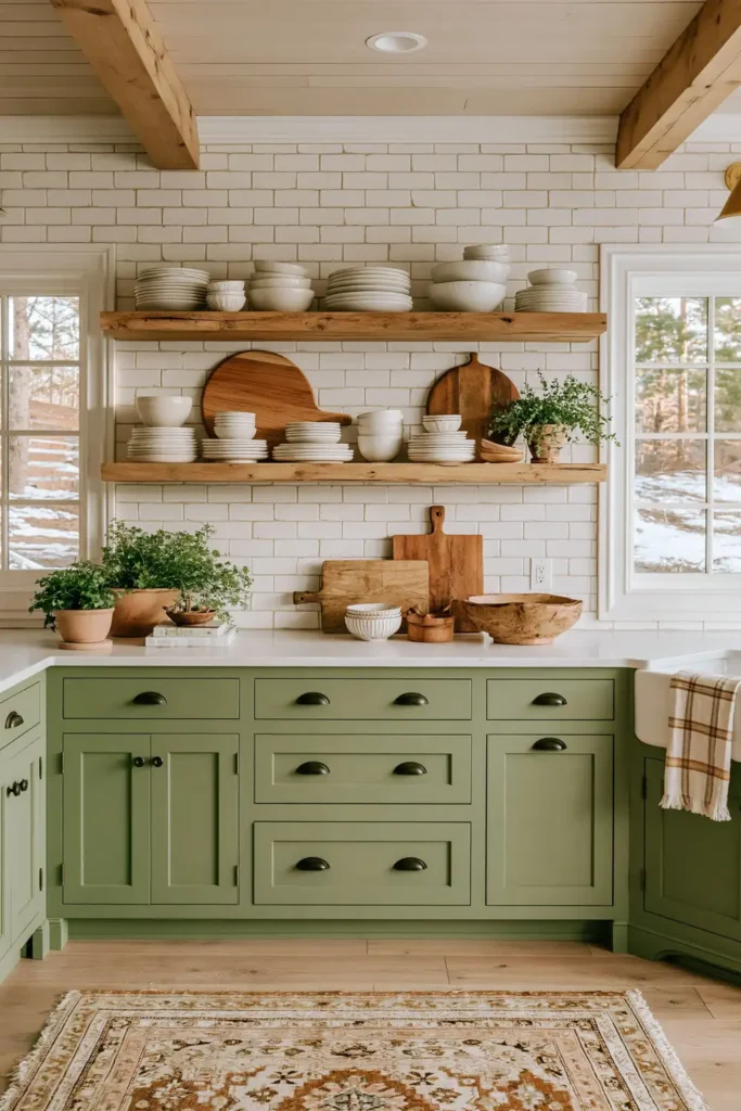 Sage kitchen with white subway tile, long wood shelf, stacked dishes, cutting boards, herb pot, and dark cup pulls.