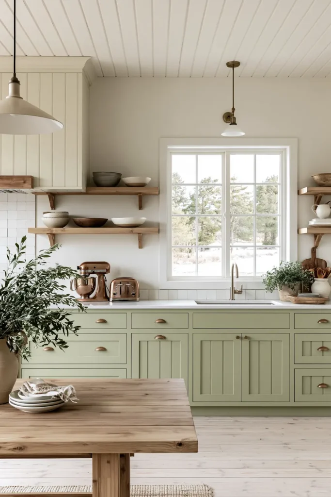Soft sage kitchen cabinetry with open wooden shelves, copper appliances, a large window, and a wood table.