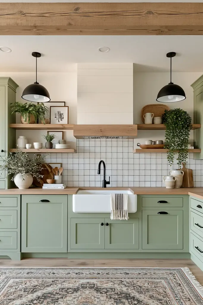 Soft sage kitchen cabinets with farmhouse sink, black faucet, wood countertop, white tile backsplash, and exposed wood beam.