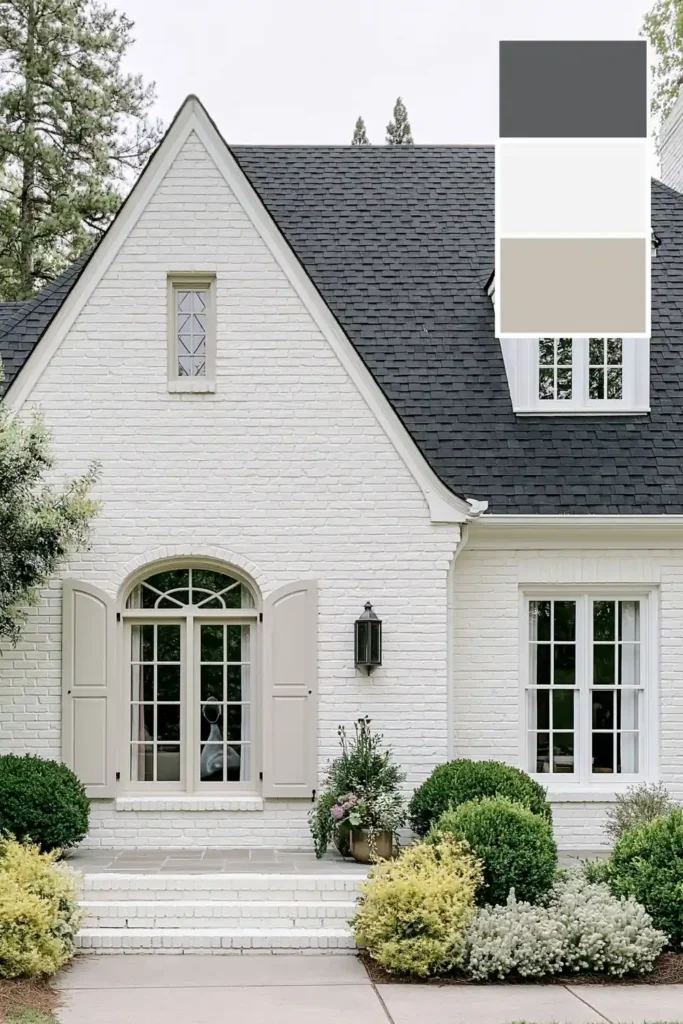 Classic Exterior Paint Color Combinations for a Timeless Home Look 2 Soft white brick house exterior with pale shutters, dark shingle roof, and classic gray greige paint swatches.