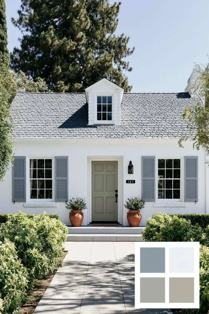 Classic Exterior Paint Color Combinations for a Timeless Home Look 8 Soft white home exterior with gray shutters, taupe-gray front door, terra cotta planters, green plants, and classic taupe swatches.