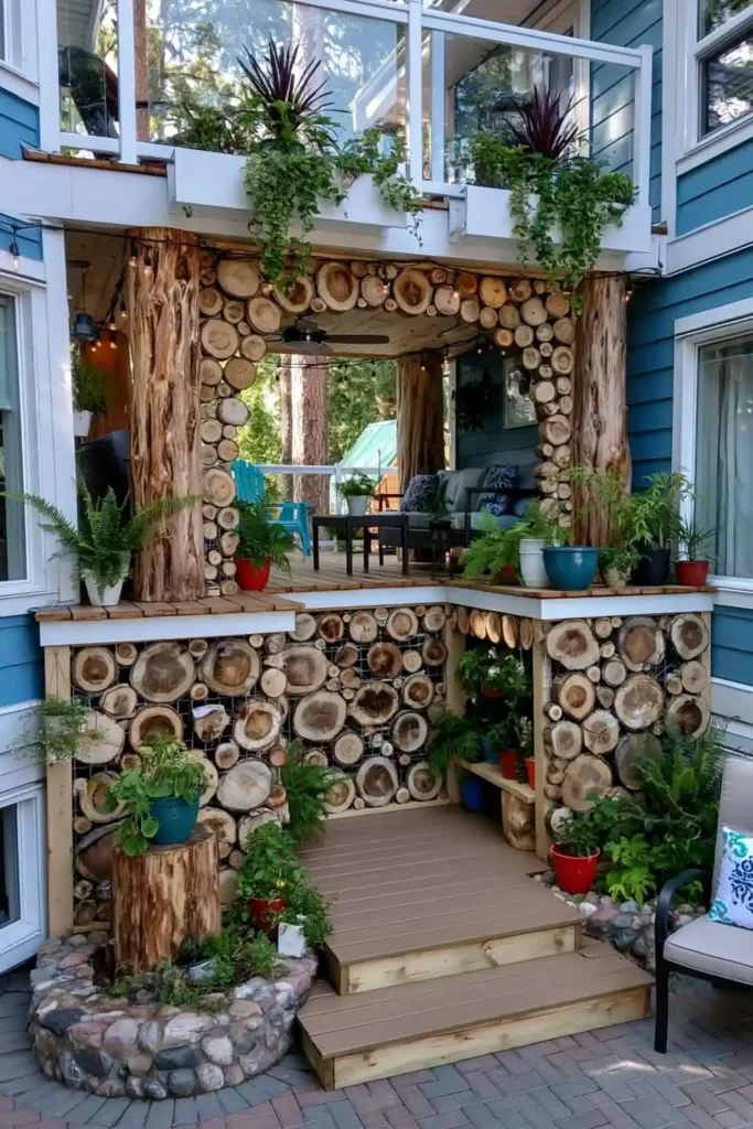 Brilliant Home Design Makeover Ideas for a More Personal Home 29 Rustic outdoor screen made from stacked cut wood rounds under a raised deck