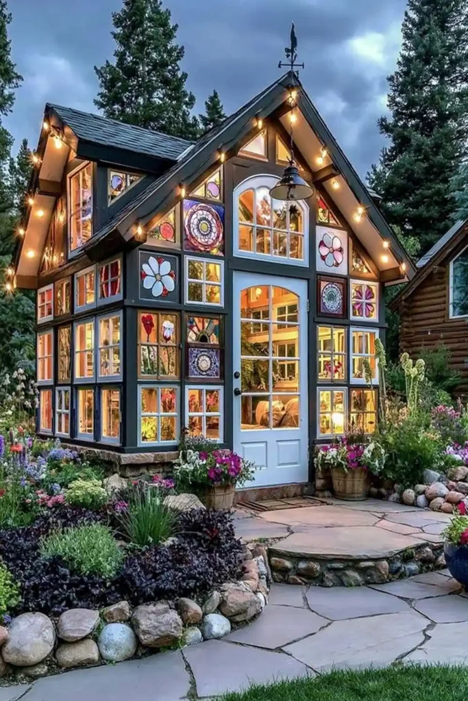 Brilliant Home Design Makeover Ideas for a More Personal Home 8 Colorful stained glass greenhouse with flower patterns and black framing for character-filled home design