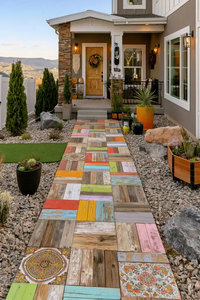 Brilliant Home Design Makeover Ideas for a More Personal Home 25 Outdoor walkway made from colorful stained wood tiles in red, yellow, blue, gray, and natural tones