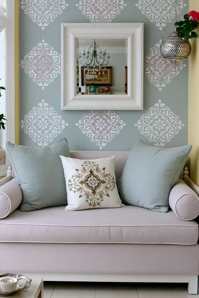 Blue stenciled accent wall with a diamond pattern behind a pale daybed and light blue pillows