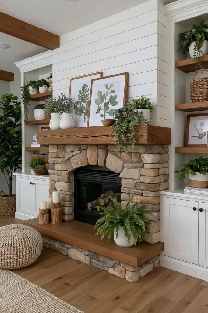 Stone fireplace with a thick rustic wood mantel, side shelves, white pots, baskets, greenery, botanical prints, candles, and woven pouf